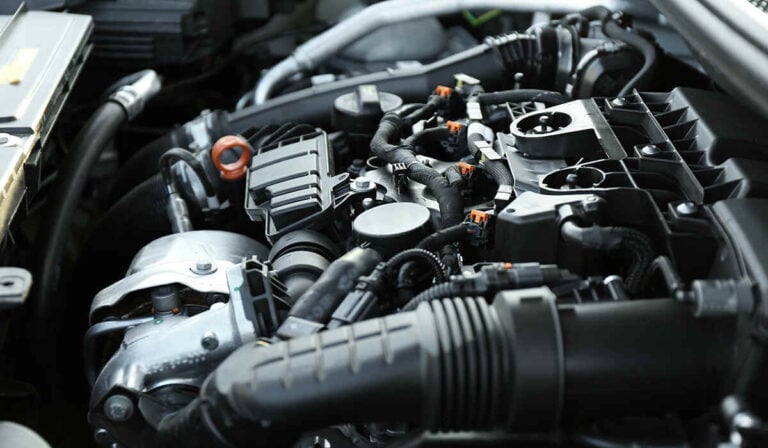 Close-up of a modern car engine bay highlighting the black plastic air intake ducting and manifold components.