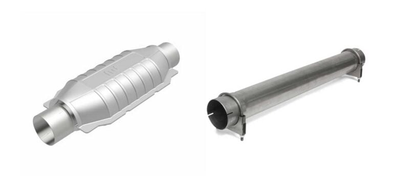 A high-flow catalytic converter positioned next to a straight exhaust pipe for comparison when choosing performance exhaust system components.