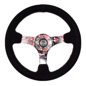 NRG Reinforced Steering Wheel (350mm) 3in Deep Pink Sakura Floral Solid Spoke - Black Suede/Stitch